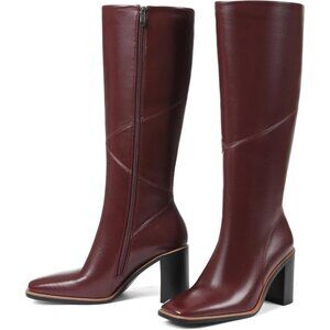 Women’s Polyurethane Burgundy Square Toe Chunky Block Heel Leather Zip Up Boot